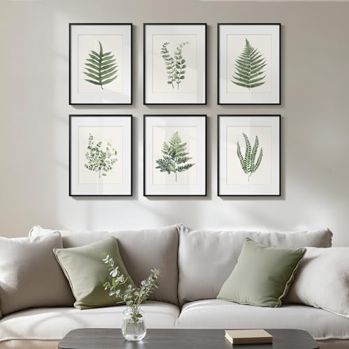 Framed Modern Green Tropical Fern Botanical Wall Art, 6 Piece 11x14 In | Leaf painting, Plant leaves wall decor, Plexiglass with mat prints, Ready to hang artwork, Living room bedroom pictures - color: Green Ferns - Black Framed, size: 11" W x 14" H x 6Pc