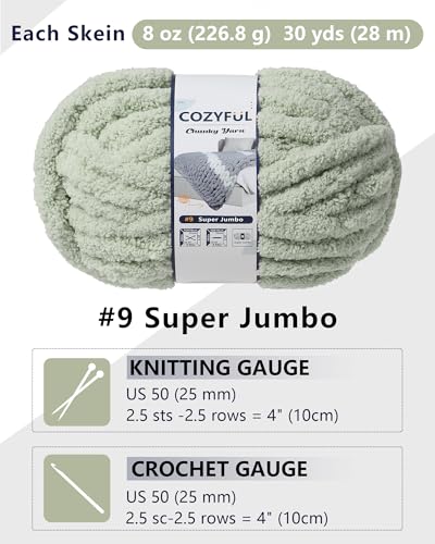 Cozyful Chunky Yarn for Hand Knitting, #9 Thick Jumbo Big Chunky Yarn for Crocheting, Super Chunky Knit Blanket Yarns, Large Chunky Chenille Yarns, 8 Pack (30 yds 8 oz Each Skein), Sage Green - color: Sage Green