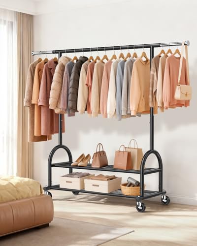 Heavy Duty Clothes Rack for Hanging Clothes Load 556 LBS, Height Adjustable Rolling Clothing Racks, Portable Metal Coat Rack Garment Wardrobe with Wheels and Shelves for Bedroom Laundry, Black - color: Black, style: 2 Shelves
