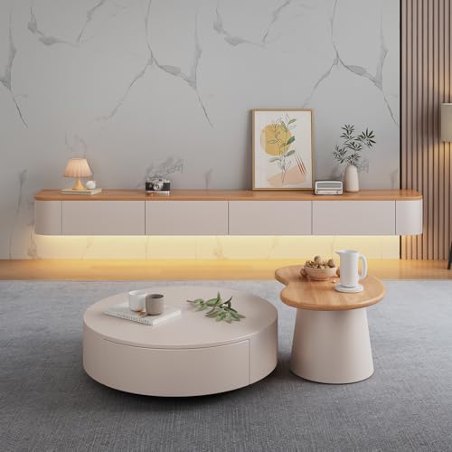78 inch Floating TV Stand Wall Mounted TV Cabinet Floating Shelves with Door Entertainment Media Console Solid Wood Modern Living Room Round Corner TV Stand (Two-Tone+LED, 200CM) - color: Two-tone+led, size: 200CM