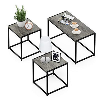 Furinno Camus Modern Living Room Coffee Table with 2 End Tables Set, French Oak Grey - color: French Oak Grey, size: 3-in-1 Set (1 Coffee + 2 End Tables)