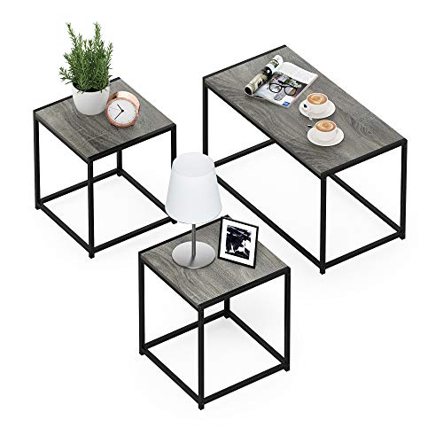 Furinno Camus Modern Living Room Coffee Table with 2 End Tables Set, French Oak Grey - color: French Oak Grey, size: 3-in-1 Set (1 Coffee + 2 End Tables)
