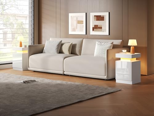 Nightstands Set 2, 15 Inches LED Night Stand Set of 2, Modern Bedside Table with LED Lights, High Gloss Surface, End Table with Storage for Bedroom, White - color: White-15"