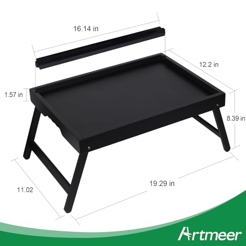 Artmeer Bamboo Bed Tray Table with Device Slot, Folding Legs, Large, Black | FSC-certified bamboo bed tray with folding legs, device slot and handles for meals, laptops, reading and serving in bed. - color: Black, size: Large