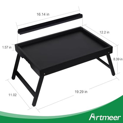 Artmeer Bamboo Bed Tray Table with Device Slot, Folding Legs, Large, Black | FSC-certified bamboo bed tray with folding legs, device slot and handles for meals, laptops, reading and serving in bed. - color: Black, size: Large