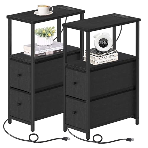TUTOTAK Narrow End Table with Charging Station, Skinny Side Table | Bedside Table with Outlets, Nightstand with 2 Cloth Drawers, Couch Table for Living Room, Bedroom, Black TB01BK055 - color: Black, style: 2 Drawers & Plug