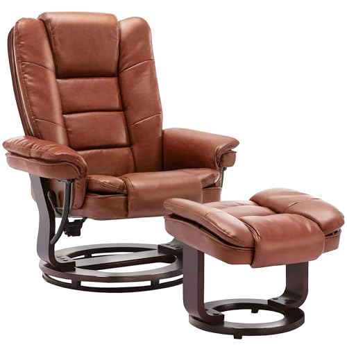 Swivel Recliner Chair with Ottoman Reclining Lounge Sofa Footrest, Set of 1 | 360°Sturdy Wood Base, Soft Faux Leather, Upholstered Ultra-Plush Foam, Modern Armchair, Living Room Bedroom Office Reading - color: Brown, size: Set of 1