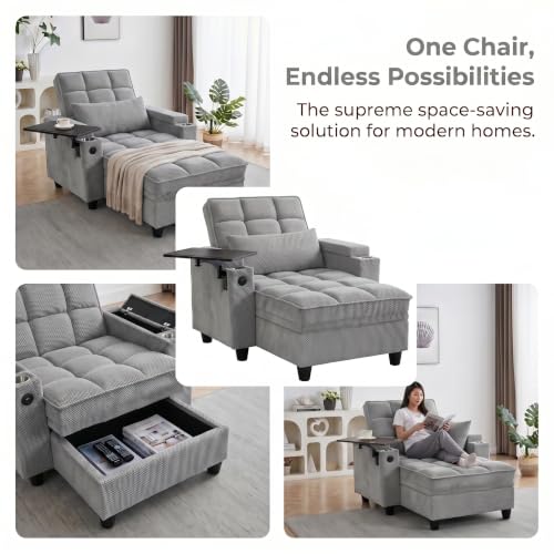 Convertible Sleeper Chair, Pull Out Sofa Bed with Adjustable Backrest & Hidden Storage Armrest, Single Sofa Recliner with USB Charging Port & Cup Holders for Living Room, Bedroom, Gray - color: C-gray-w6