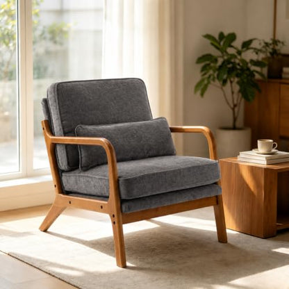 Karl home Mid-Century Modern Accent Reading Chair, Grey | Chenille Upholstered, Solid Wood Frame, Soft Cushion, Lumbar Pillow, Lounge Armchair for Living Room, Bedroom, Balcony, Study - color: Chenille Gray
