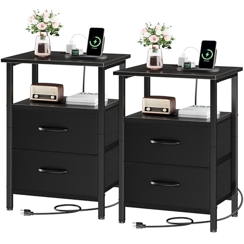 Nightstand Set of 2 with Charging Station, Bedside Table with Outlet & USB Ports, Black Night Stand with Fabric Drawers, 24.2" Tall Bed Side Table End Table with Open Shelf for Bedroom, Black - color: Black, size: 2 Pieces, style: Ordinary