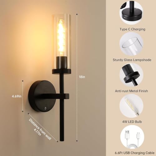 Shenmoyl Battery Operated Wall Sconces Set of 2, Black Rechargeable Wall Lighting Fixtures, Dimmable Wall Lights with Remote & Clear Glass Shade for Living Room, Bathroom,Bedroom - color: Black - Clear Glass