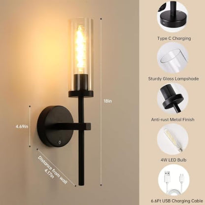 Shenmoyl Battery Operated Wall Sconces Set of 2, Black Rechargeable Wall Lighting Fixtures, Dimmable Wall Lights with Remote & Clear Glass Shade for Living Room, Bathroom,Bedroom - color: Black - Clear Glass