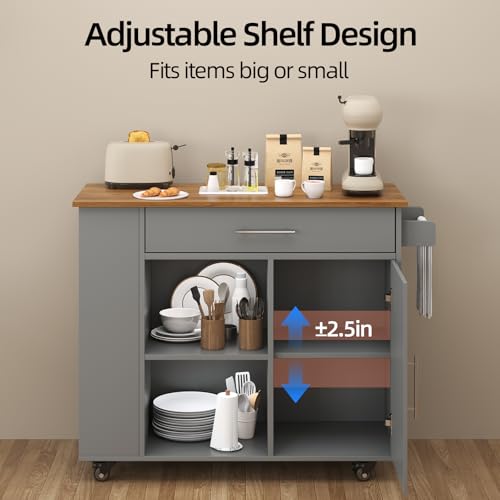 Kitchen Island with Storage, 39 Inch Rolling Kitchen Island on Wheels, Grey | 3-Tier Spice Rack, Drawer Storage, Adjustable Shelf & Towel Rack, Casters, Mobile Island Table for Kitchen, Dining Room - style: GREY
