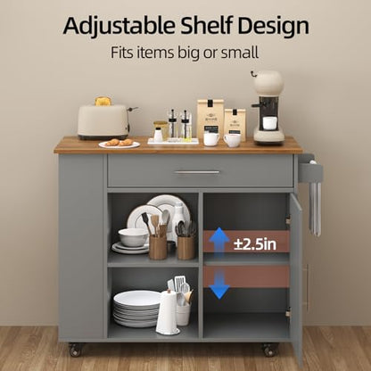 Kitchen Island with Storage, 39 Inch Rolling Kitchen Island on Wheels, Grey | 3-Tier Spice Rack, Drawer Storage, Adjustable Shelf & Towel Rack, Casters, Mobile Island Table for Kitchen, Dining Room - style: GREY