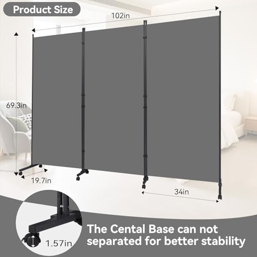 Folding Room Divider W/Wheels,Heavy Duty Base Privacy Screen Separator | 360° Smooth Lockable Rolling Wheels,Foldable Freestanding Wall Divider,Easy Movable Partition for Room Partition - color: Grey, size: B-102''-3 Panel