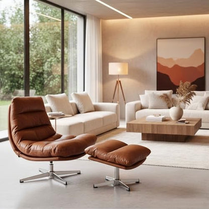 Modern Swivel Accent Chairs with Ottoman Set of 2, PU Leather Oversized Armless Reading Chairs with Footrest, 33'' Wide Upholstered Lounge Chairs with Footstool for Living Room Bedroom Comfy, Brown - size: 2 SET