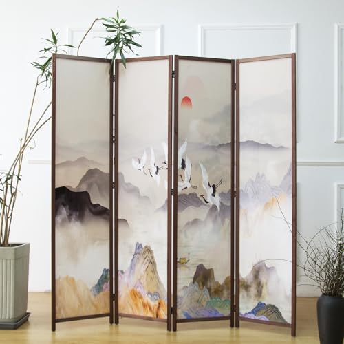 4 Panel Room Divider, Double-Sided Folding Privacy Screen for Home Office – Freestanding Wall Partition with New Chic Colorful Landscape 67" H x 63" W - 5.6 ft Tall - color: Colorful Landscape, size: 4 Panel