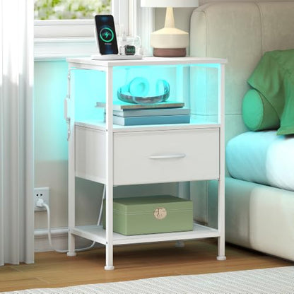 SONGMICS BELLAH Collection - Nightstand with Charging Station and App-Controlled Adjustable LED Lights, Bed Side Table, 1 Drawer and 2 Open Shelves, Modern, Cloud White and Snow White ULGS301WH01S - color: Cloud White + Snow White, size: 1 Drawer