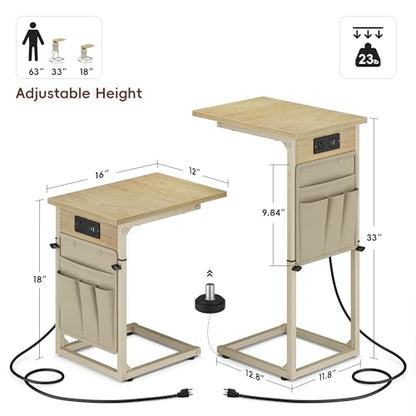 C Shaped End Table with Charging Station, Adjustable Height C Table End Table, Small Side Table for Couch, Couch Table Slide Under Sofa Table TV Tray Arm Table for Living Room,Bedroom,Natural - color: Natural Walnut, style: With Plug