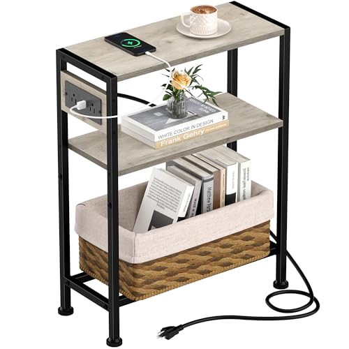 Small Narrow Side Table with Charging Station, Skinny End Table for Small Spaces, Slim Nightstand with Outlets, Sofa Bedside Table in Living Room, Bedroom, Kitchen and Balcony (Greige) - color: Greige