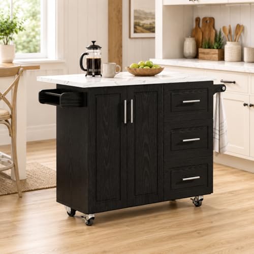 43" Kitchen Island on Wheels, Rolling Kitchen Island with Storage, Black | Modern Design, with Drop Leaf, 3 Storage Drawers, Spice Rack & Towel Rack, Faux Marble Tabletop, for Kitchen Dining Room - style: Black