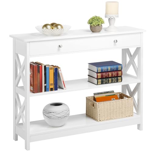 Yaheetech 39.5 Inch Narrow White Entryway Console Table with Storage Drawer | Slim Entry Table for Small Hallways or Behind a Sofa, 12" Deep Painted MDF X-Frame, Drawer and 2 Open Shelves for Decor - color: White