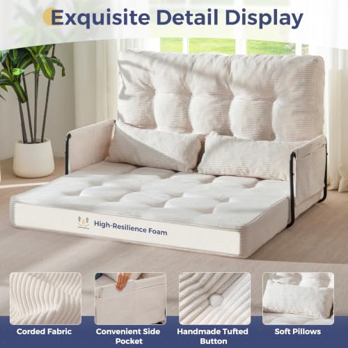MAXYOYO Adjustable Folding Sofa Bed Couch with 2 Pillows, Beige | Multi-Functional Bean Bag Bed, 5-Position Foldable Lazy Floor Sofa Bed with Armrest, Versatile Floor Seating for Reading - color: Beige