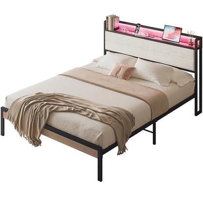 LIKIMIO Queen Bed Frame with Headboard, LED Lights and Charging Station - color: Natural and Cream, size: Queen