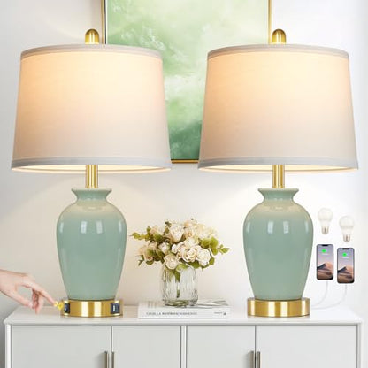 23" Set of 2 Olive Green Ceramic Table Lamp with Pot Design, Bedside USB Lamps for Living Room,Dining Room,Bedroom,Office,Nightstand,End Table - color: Green