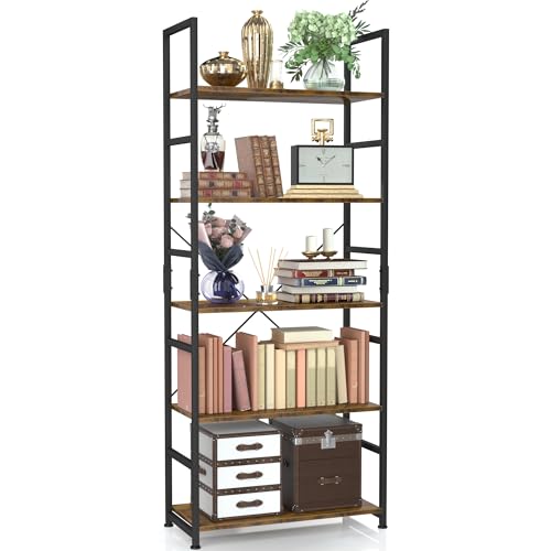 NUMENN 5 Tier Bookshelf, Tall Freestanding Open Storage Bookcase, Vintage | Storage Organizer with Metal Frame & Wood Shelves, Support Bars & Adjustable Feet for Bedroom, Living Room & Home Office - color: Vintage, size: 5 Tier