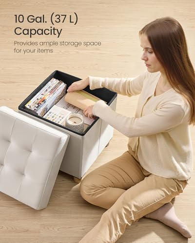 SONGMICS Small Storage Ottoman, Folding Ottoman Cube, 15 x 15 x 15.7 Inches, Footstool, Footrest, 10 Gal. (37 L), Velvet Surface, for Bedroom, Living Room, Dorm, Cappuccino Beige ULSF0516W02 - color: Cream White