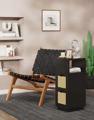 YMYNY Rattan Nightstands Set of 2, Boho Bedside Table with Open Shelf, 2 Drawers, 9.45" x 11.42" x 25.59", Narrow Side Table, Bedside Cabinet for Bedroom and Small Spaces, Black UHST017B-2 - color: Black