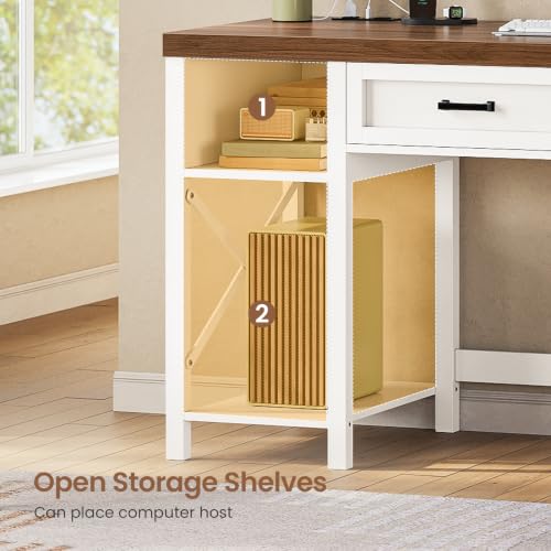 SEDETA Farmhouse Small Desk with Drawers, 40" Computer Desk with Storage Shelves, White Writing Desk for Small Space and Power Outlet, Desk for Bedroom, Home Office - color: White