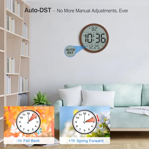 Digital Atomic Wall Clock Battery Operated, 8 Inch Large Display | Never Needs Setting Clock with Date and Temp, Auto DST, Self-Setting Time, Easy to Read for Bedroom, Living Room, Office - color: Brown