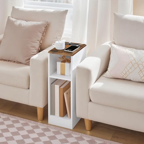 MAHANCRIS Narrow Nightstand, Narrow End Table with Charging Station, Skinny Bedside Table for Small Spaces, Mid Century Modern Night Stand for Bedroom, Living Roon, Rustic Brown and White ETBR30E01 - color: Rustic Brown and White