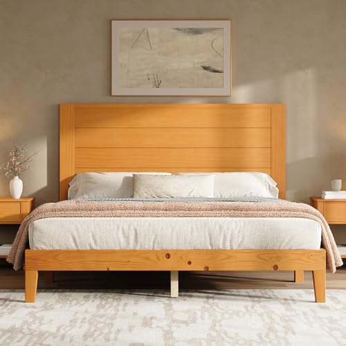 AMERLIFE Queen Size Solid Wood Bed Frame with 48" Headboard Design, Natural | Solid Wood Platform, 48" Headboard, Mid Century Modern Style, Silent Slat Support, Natural Finish - color: Natural, size: Queen