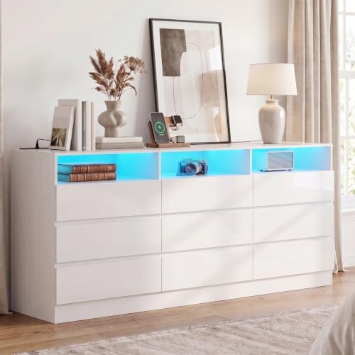 Gyfimoie 63" White 9-Drawer Dresser for Bedroom w/Power Outlet, LED Light | Modern Triple Dresser with 3 Open Cubbies, Spacious Chest of Drawers, and TV Stand - color: White, size: 15.8"D x 63"W x 31.1"H (9 Drawers)
