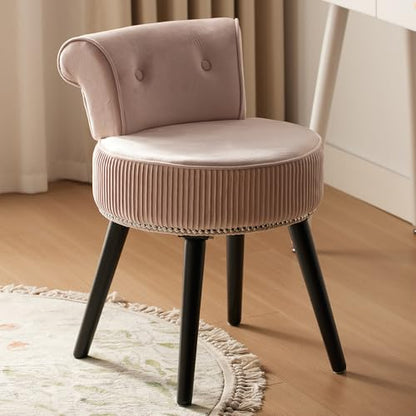 Vanity Chair with Back Pink, Velvet Stool with Low Backrest | Silver Nailhead Trim, Round Vanity Seat for Bedroom and Bathroom Makeup, Support 220lbs, Easy Assembly (Pink) - color: Pink