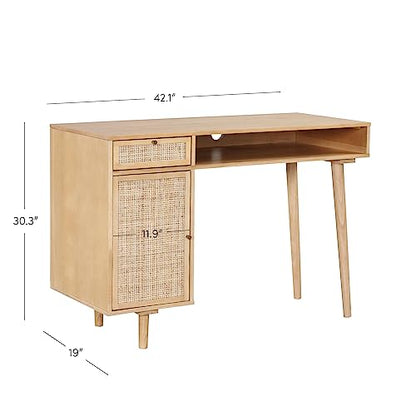 Nathan James Aaron Modern Desk with Storage, Natural Rattan Table with Square Webbing and Gold Accent Knobs, Natural Brown - color: Natural Brown