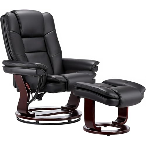 Swivel Recliner Chair with Ottoman Reclining Lounge Sofa Footrest, Set of 1 | 360°Sturdy Wood Base, Soft Faux Leather, Upholstered Ultra-Plush Foam, Modern Armchair, Living Room Bedroom Office Reading - color: Black, size: Set of 1