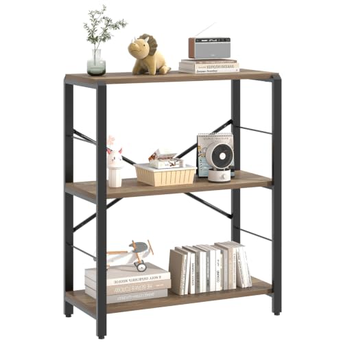 Small Bookshelf, 3 Tier Open Book Shelf, Rustic Wood and Metal Shelving Unit for Small Space, Oak - color: Oak, size: 3-Tier