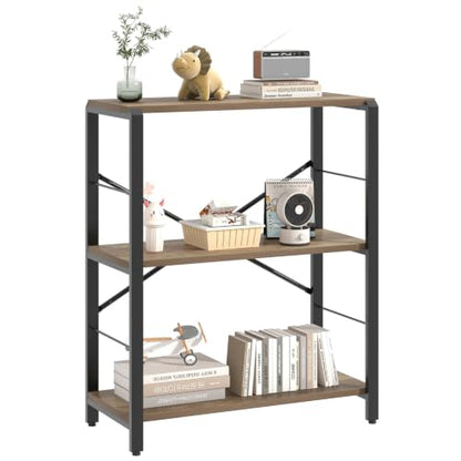 Small Bookshelf, 3 Tier Open Book Shelf, Rustic Wood and Metal Shelving Unit for Small Space, Oak - color: Oak, size: 3-Tier