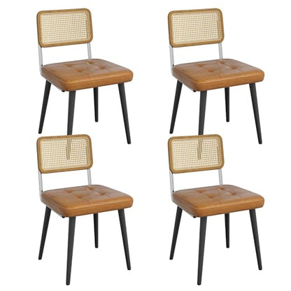 Garvee Rattan Dining Chairs Set of 4, Upholstered Dining Room Chairs with Rattan Backrest, Armless Side Chairs for Kitchen Living Room, Restaurant, PU Leather, Brown | Upholstered Kitchen Chairs with Rattan Backrest, Armless Side Chairs for Kitchen, Livin