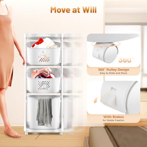 Rolling Laundry Hamper Storage Sorter, 3 Tier Rolling Laundry Hamper Cart White Laundry Baskets with Wheels for Kitchens Bathrooms Bedrooms Classrooms Laundry Rooms