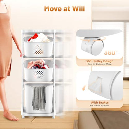 Rolling Laundry Hamper Storage Sorter, 3 Tier Rolling Laundry Hamper Cart White Laundry Baskets with Wheels for Kitchens Bathrooms Bedrooms Classrooms Laundry Rooms