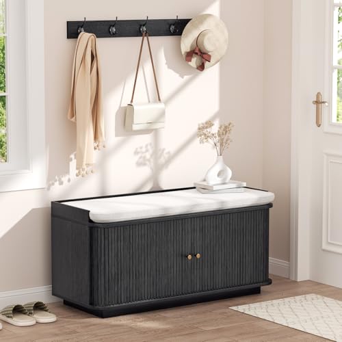 Hall Tree with Bench and Shoe Storage, Entryway Bench with Sliding Door Cabinet, Removable Padded, Metal Wall Hooks and Adjustable Storage Compartments, for Entry, Hallway, Living Room, Black - color: Black