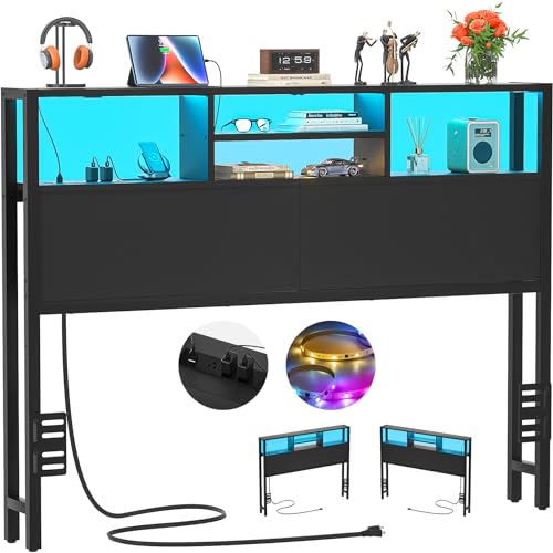 Aheaplus Headboard for Full Size Bed with Storage, Headboards with Outlets | Full Size Head Board Only, with USB Ports and LED Light, Height Adjustable, Reversible, Sturdy & Stable Headboard, Black - color: Black, size: Full, style: Wood