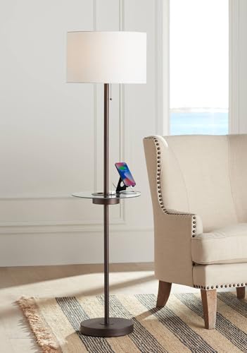360 Lighting Caper 60 1/2" Tall Bronze Table Floor Lamp with USB and Outlet | Modern Tray AC Power in Base 5 Metal Off White Fabric Drum Shade for Living Room Reading House Bedroom - color: Bronze - Single