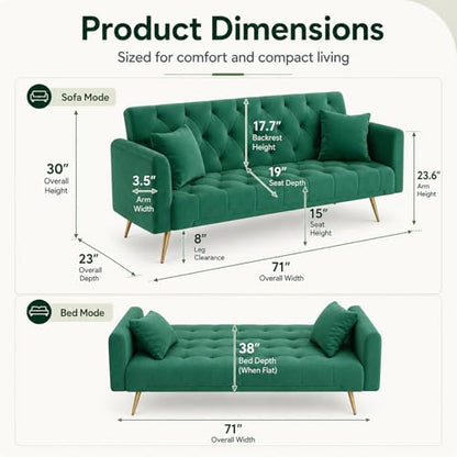 Majnesvon 71" Convertible Folding Sleeper Sofa Couch,Modern Velvet Loveseat Sleeper with 2 Pillows, Futon Sofa Bed with Mattress and Frame for Living Room,Bedroom,Small Space (Green) - color: Green