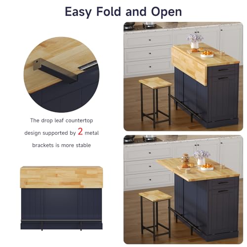 47" Kitchen Island with Seating, Stationary Island Table with Storage Include 2 Chairs, Kitchen Islands with Drop Leaf, Dining Table with Trash Cabinet & Power Outlet & Spice Rack, Blue - color: Blue